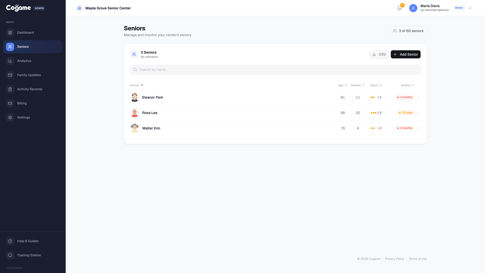 Senior management interface showing profiles with avatars, ages, and game statistics